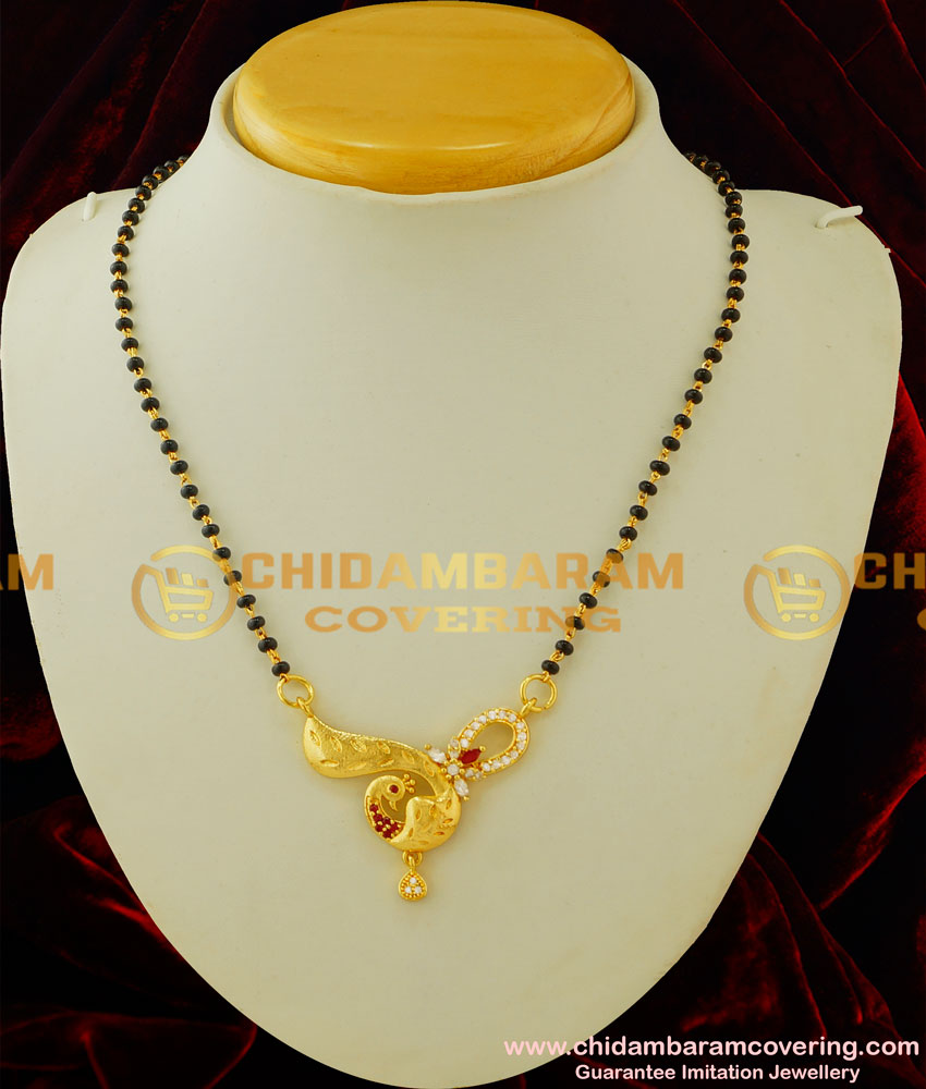 SHN021 - Buy One Gram Gold Black Beads Single Line with Peacock Design Stone Pendant Mangalsutra Online  