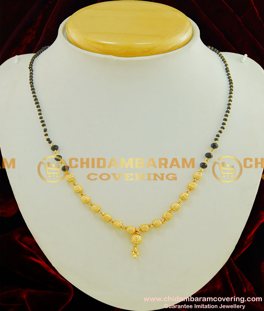 SHN028 - Latest Gold Ball Short Mangalsutra With Black Beads Gold Design