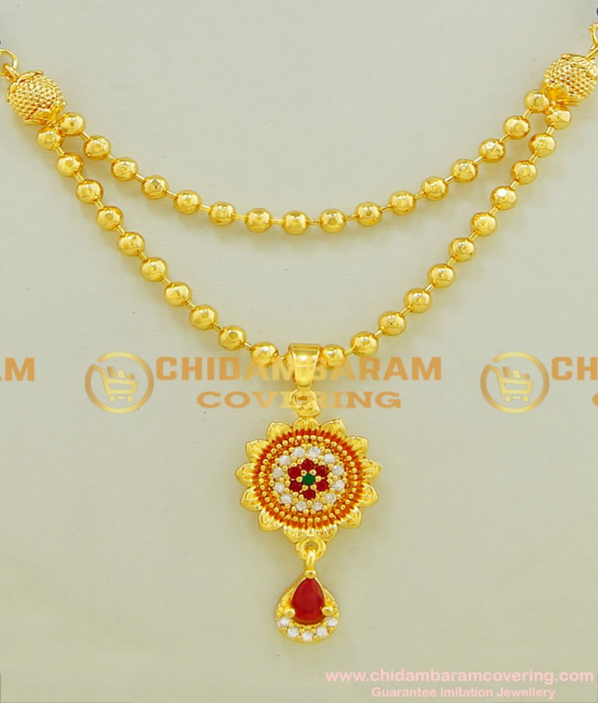 SHN034 - Beautiful Flower Design Stone Pendant Traditional Designs Double Layer Short Gold Mangalsutra 