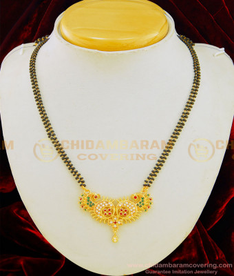 SHN051 - New Daily Wear Multi Stone Peacock Pendant Two Line Mini Kali Poth Mangalsutra for Women