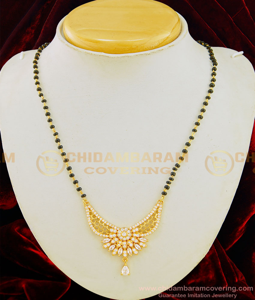 SHN054 - Trendy White Pendant High Quality Gold Plated Nallapusalu Gold Design Short Mangalsutra Online  