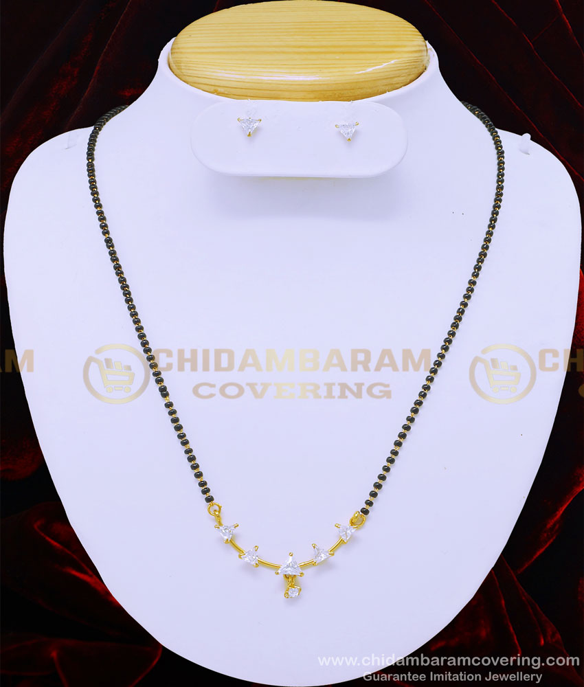 SHN070 - Real Diamond Design Unique Latest Short Mangalsutra with Single Stone Earrings Online