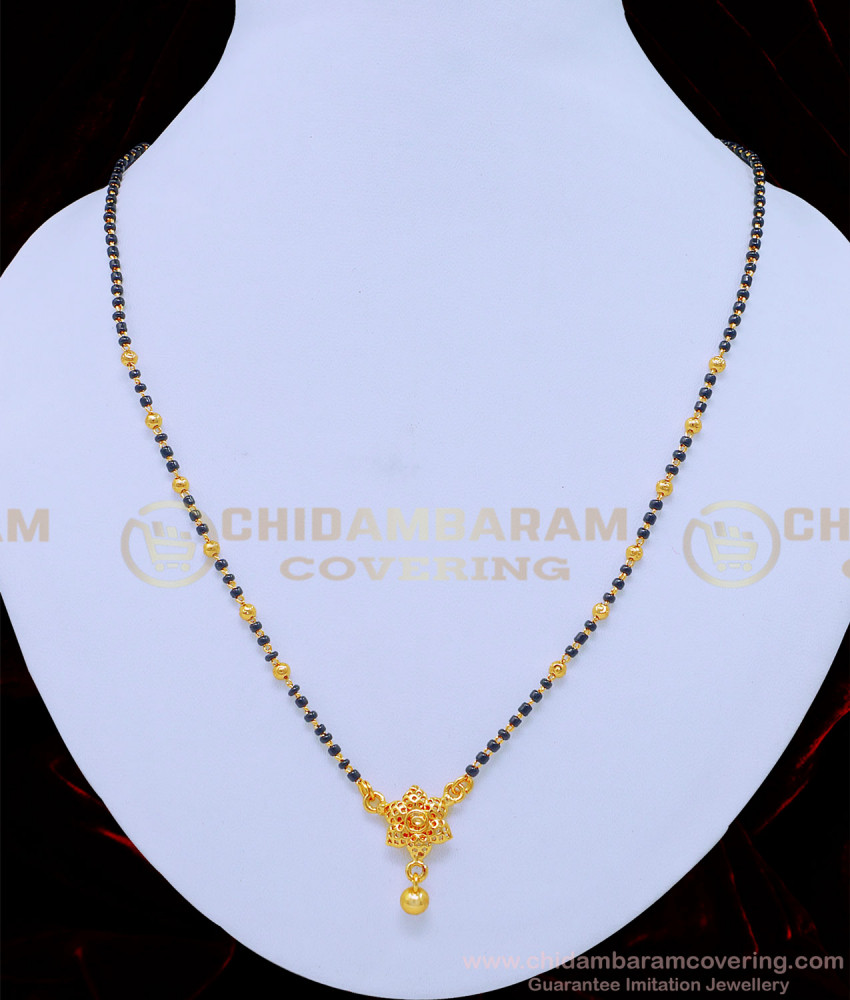 SHN074 - One Gram Gold Black Beads with cute small flower pendant mangalsutra Design Online