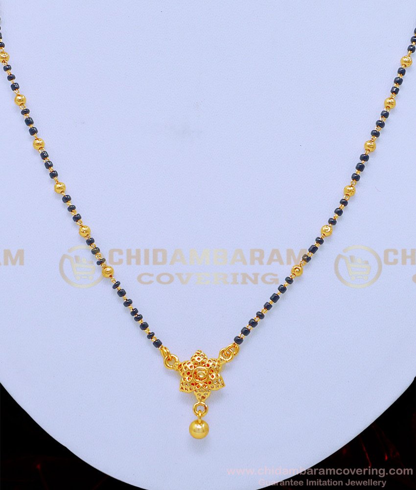 SHN074 - One Gram Gold Black Beads with cute small flower pendant mangalsutra Design Online