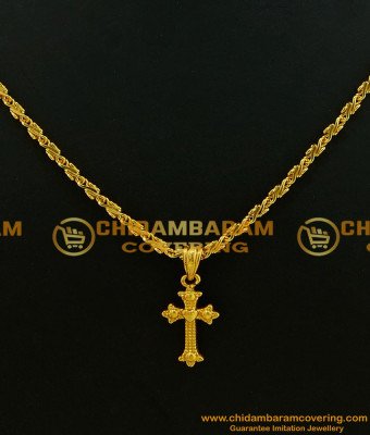 SCHN190 - Stylish Slim Female Gold Cross Pendant with Short Chain Buy Online