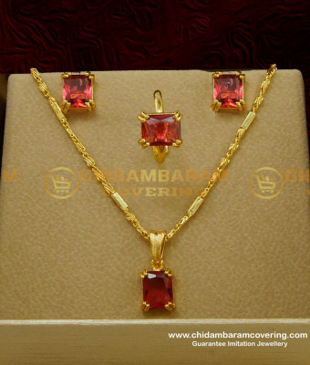 SCHN229 - Stylish One Gram Gold Red Colour Ruby Stone Gold Pendant Set Designs for Female 