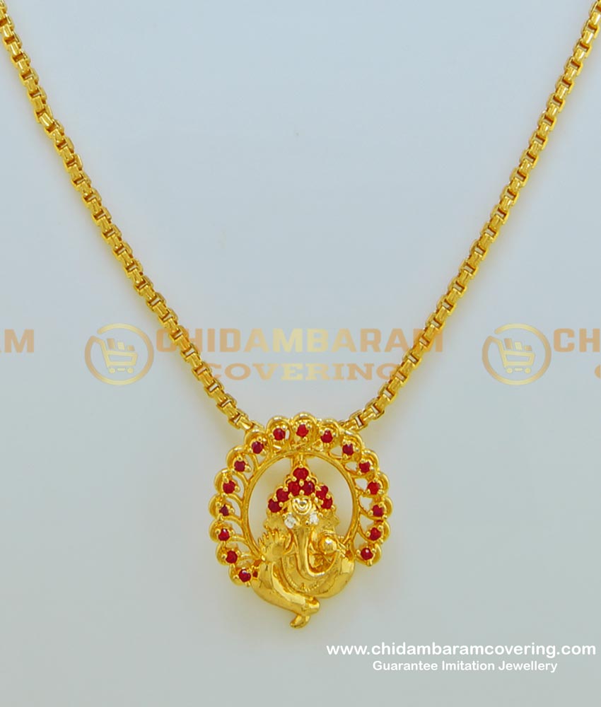 SCHN237 - Unique Ganesh Gold Pendant Design Gold Plated Ruby Stone Vinegar Pendant with Short Chain 
