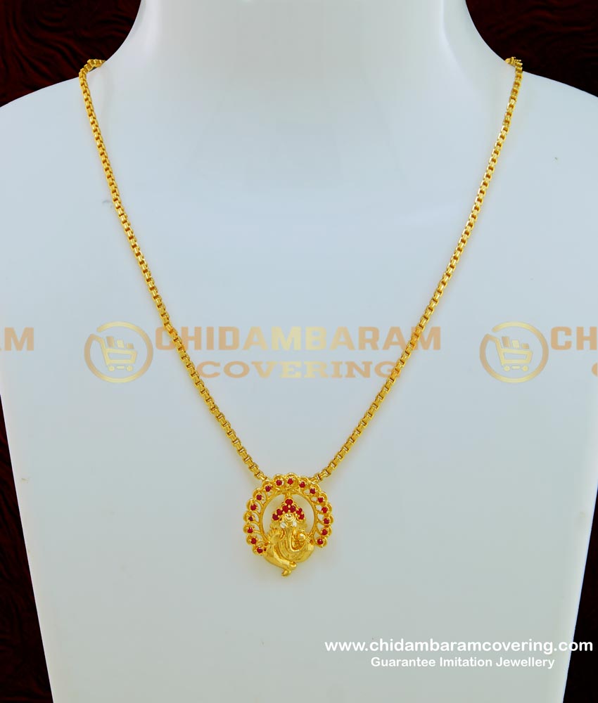 SCHN237 - Unique Ganesh Gold Pendant Design Gold Plated Ruby Stone Vinegar Pendant with Short Chain 