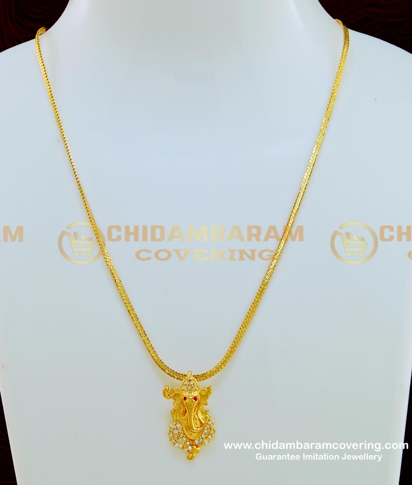 SCHN238 - Beautiful White Stone One Gram Gold Ganesh Pendant Designs with Chain Men Locket Online 