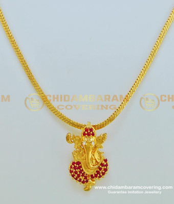 SCHN239 - Elegant Ruby Stone Gold Covering Lord Ganesh Dollar Chain Designs Imitation Jewellery Online 