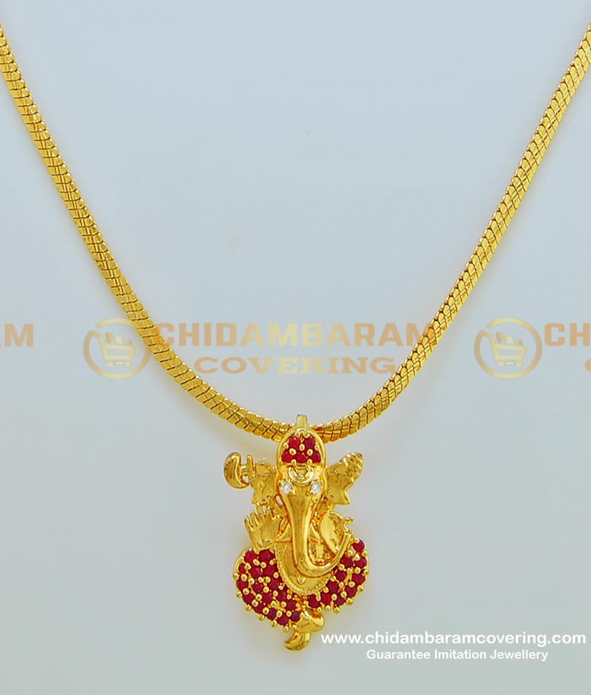 SCHN239 - Elegant Ruby Stone Gold Covering Lord Ganesh Dollar Chain Designs Imitation Jewellery Online 