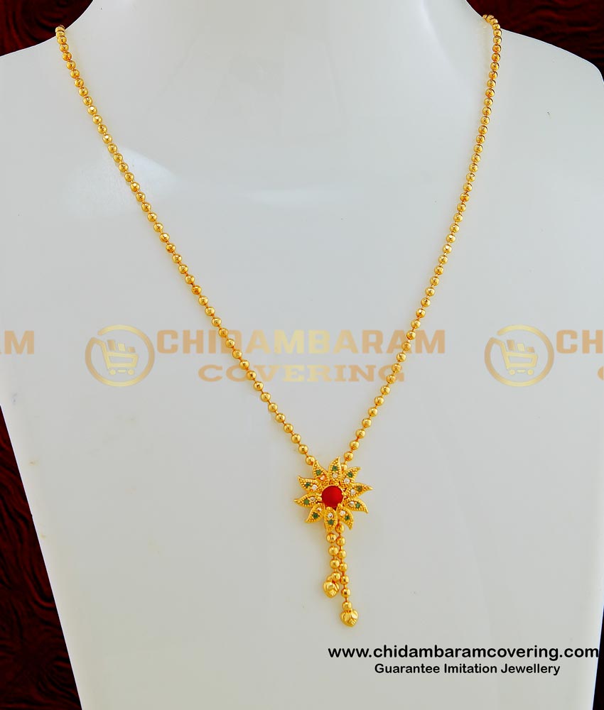 SCHN245 - Gold Plated Short Chain with Multi Stone Flower Pendant for Girls and Women