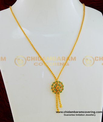 SCHN246 - One Gram Gold Ad Green Stone Hanging Chain Flower Locket Chain Necklace Short Chain for Female