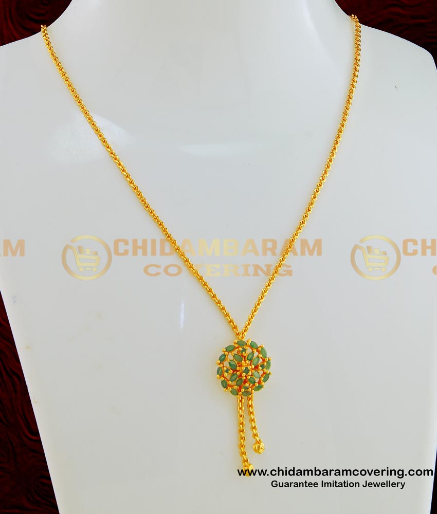 SCHN246 - One Gram Gold Ad Green Stone Hanging Chain Flower Locket Chain Necklace Short Chain for Female