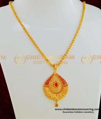 SCHN248 - Latest Gold Plated Party Wear Necklace Type Ruby Stone Big Pendant with Short Chain for Women