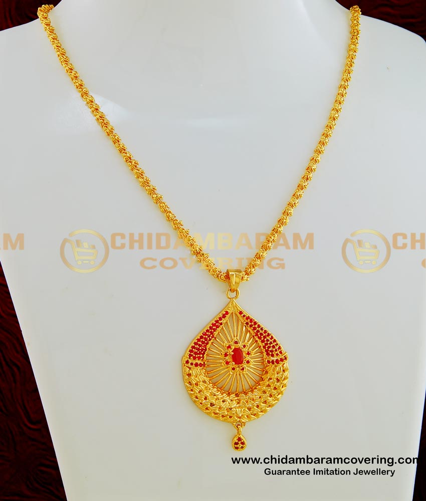 SCHN248 - Latest Gold Plated Party Wear Necklace Type Ruby Stone Big Pendant with Short Chain for Women