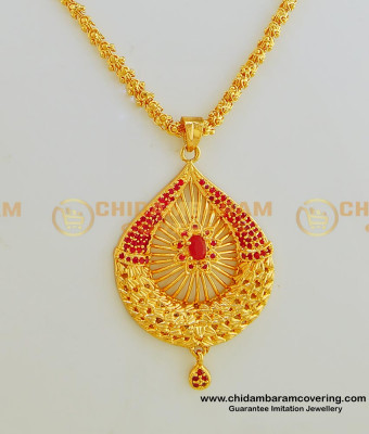 SCHN248 - Latest Gold Plated Party Wear Necklace Type Ruby Stone Big Pendant with Short Chain for Women