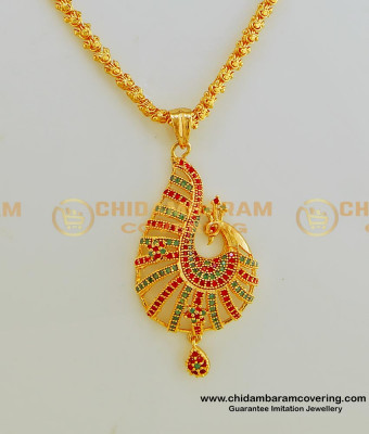SCHN249 - Beautiful Multi Stone Peacock Design Pendant with Short Chain for Ladies Imitation Jewellery 