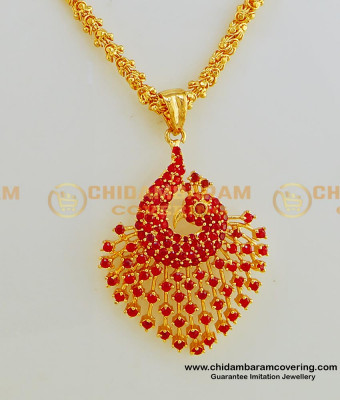 SCHN250 - Elegant Full Ruby Stone Peacock Pendant with Short Chain Original Gold Plated Jewellery  