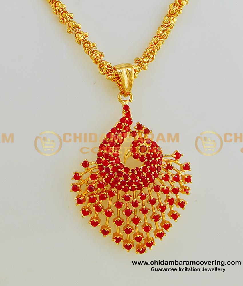 SCHN250 - Elegant Full Ruby Stone Peacock Pendant with Short Chain Original Gold Plated Jewellery  
