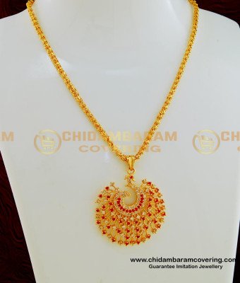 SCHN251 - One Gram Gold White and Ruby Stone Peacock Dollar Chain for Girls and Women  