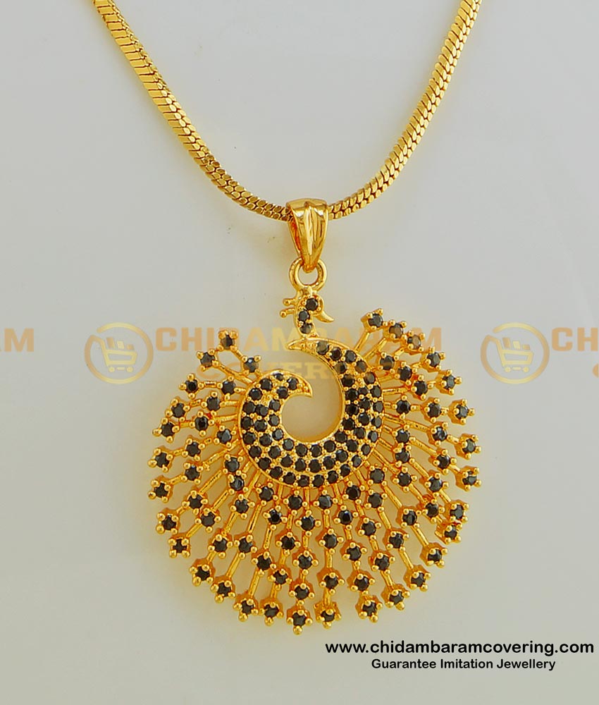 SCHN253 - Most Beautiful Real Gold Design Short Chain with Black Stone Peacock Pendant Buy Online