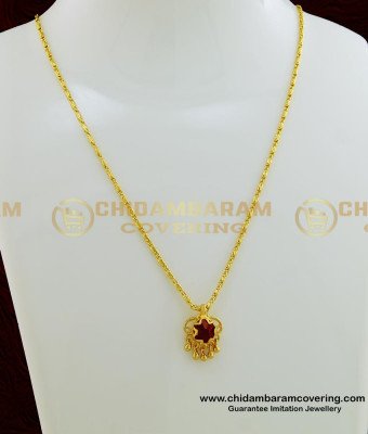 SCHN255 - gold plated Round single ruby big Stone Pendant with 18 inches short Chain for girls
