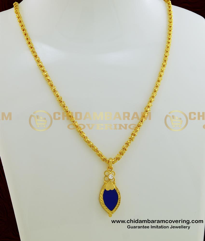 SCHN257 - Trendy American Diamond Blue Palakka Locket Pendant with One Gram Gold Chain Online 