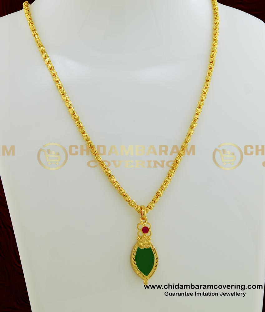 SCHN259 - Micro Gold Plated Kerala Jewelry Green Palakka Locket With Short Chain for Women 