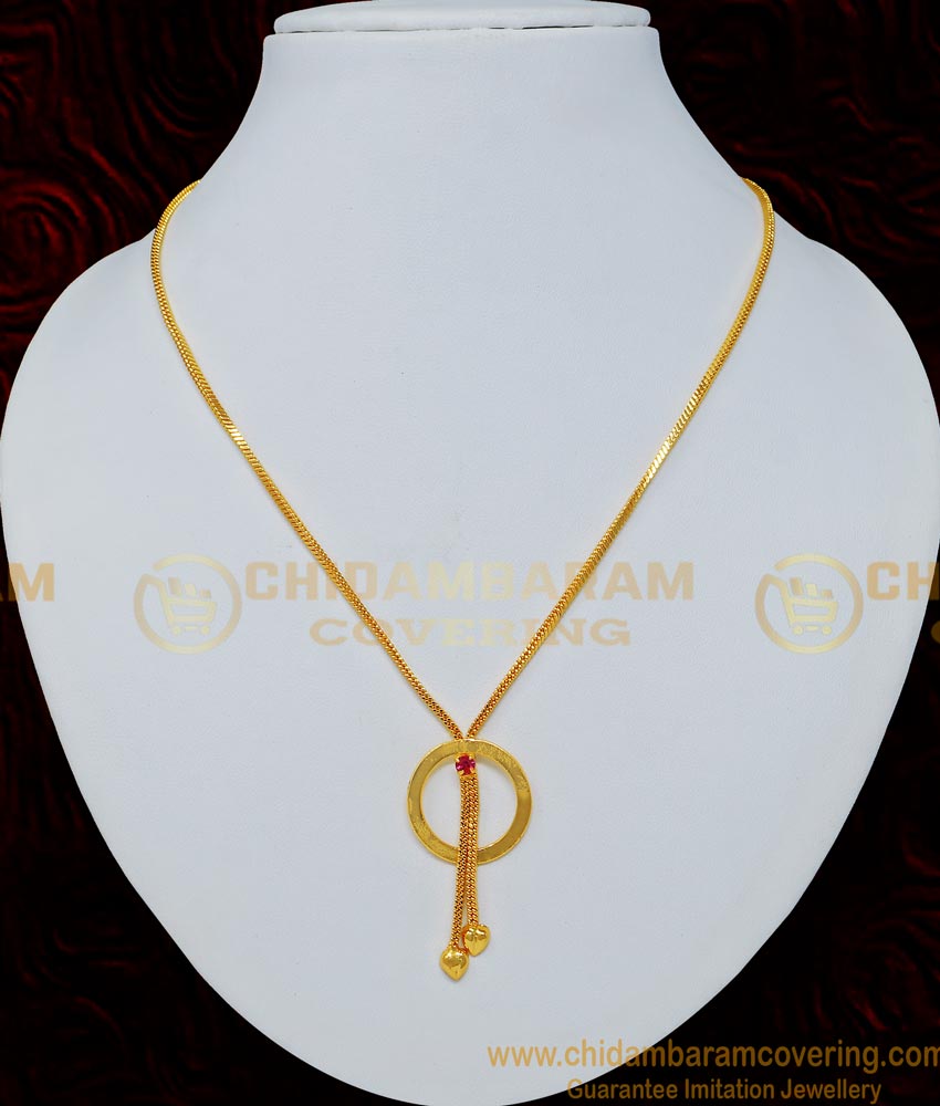 SCHN261 - Simple Gold Design Light Weight Round Shape Pink Stone Dollar Chain for Female