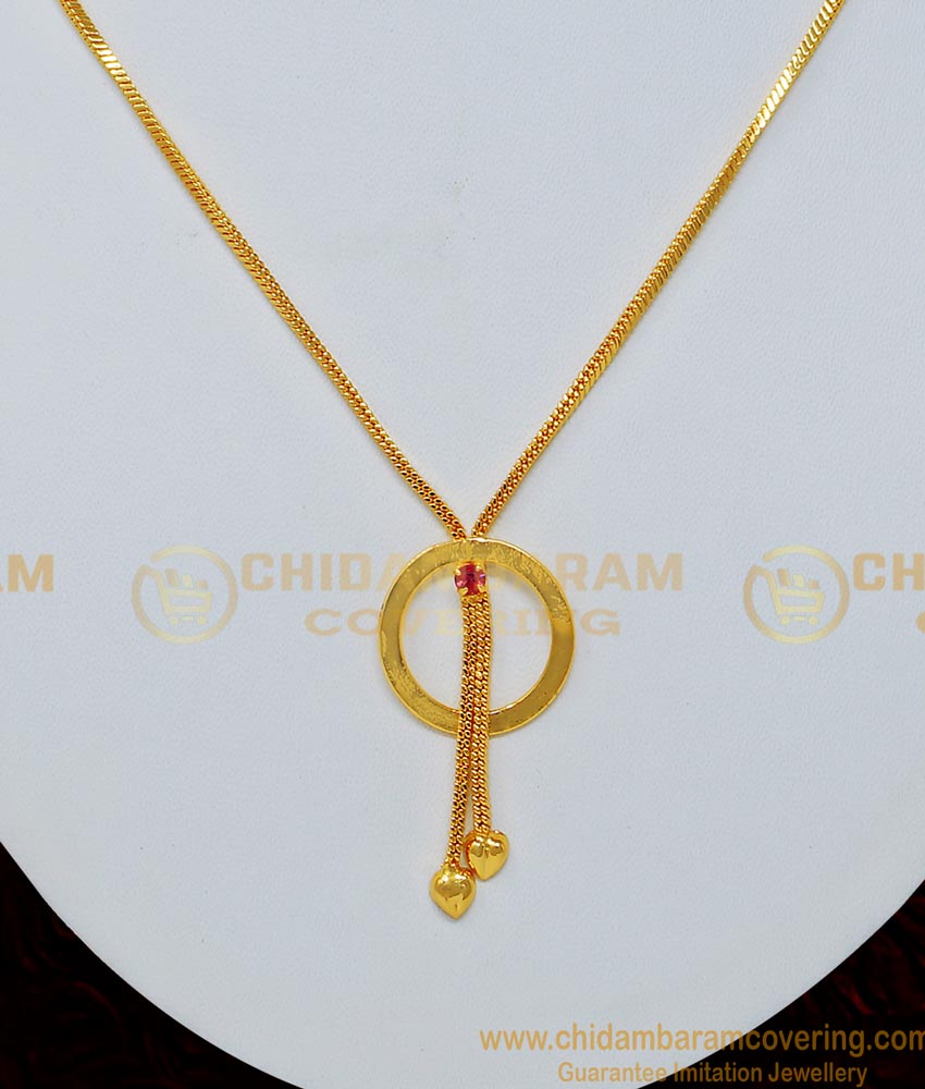 SCHN261 - Simple Gold Design Light Weight Round Shape Pink Stone Dollar Chain for Female
