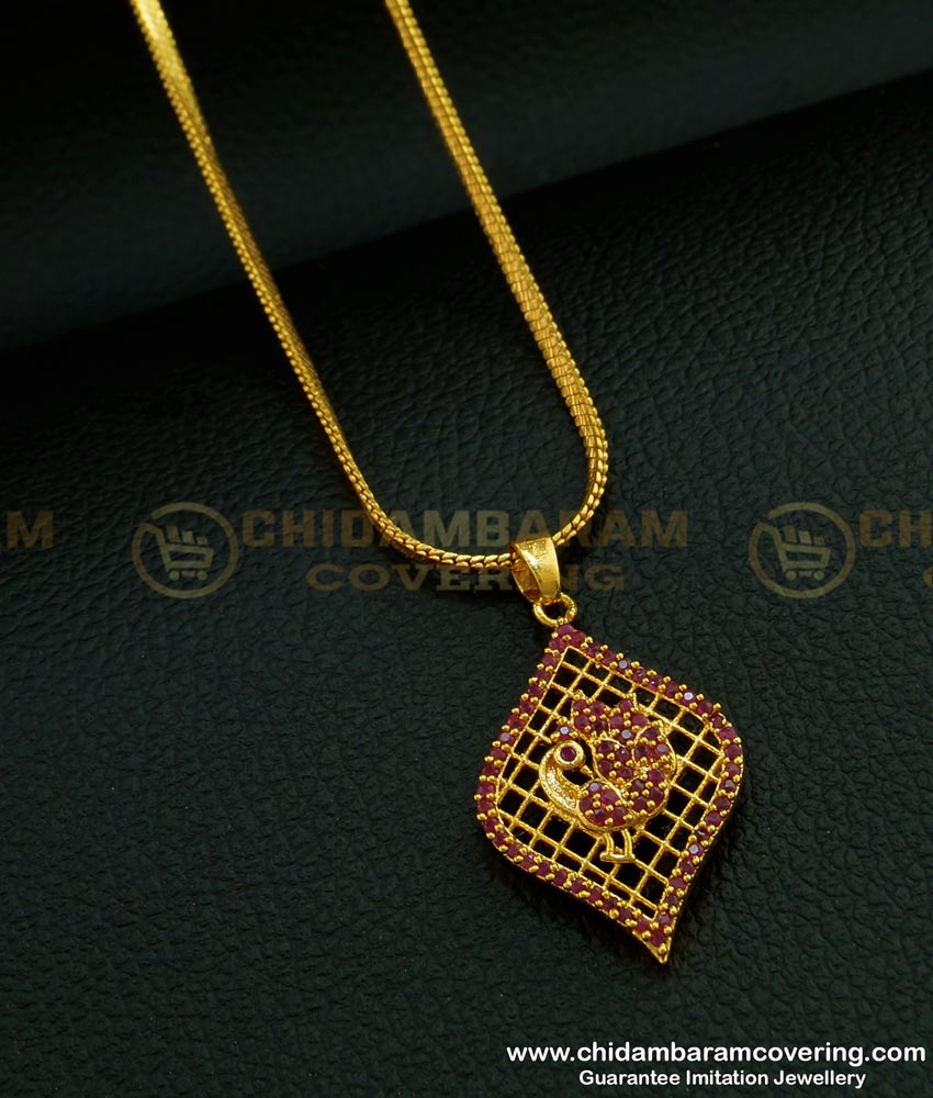 SCHN263 - Latest Ruby Stone Peacock Design Dollar With 18 Inches Chain for Teenage Girl