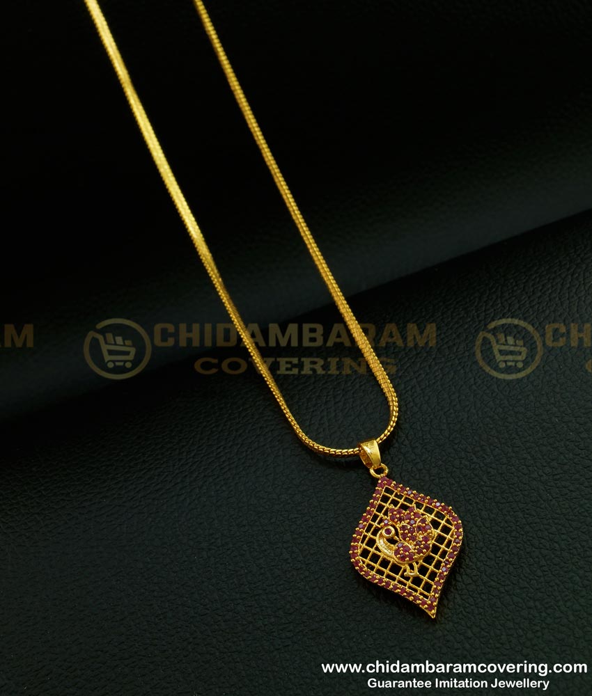SCHN263 - Latest Ruby Stone Peacock Design Dollar With 18 Inches Chain for Teenage Girl