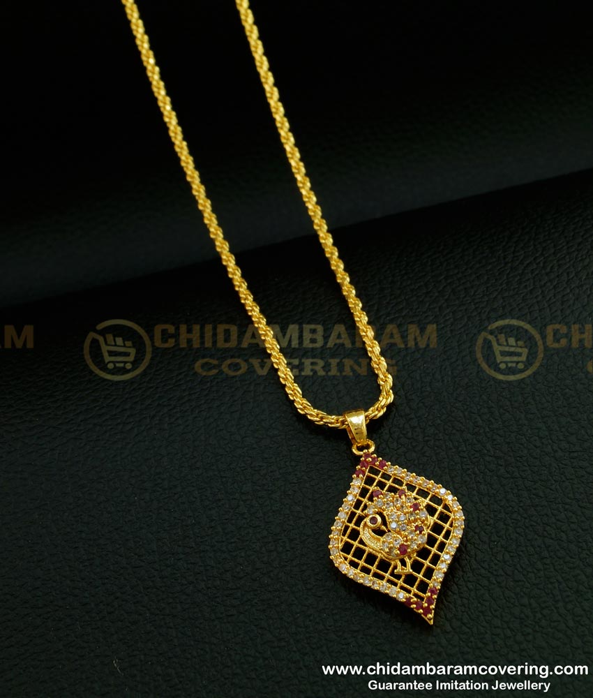 SCHN264 - Latest 1 Gram Gold White And Ruby Stone Peacock Design Locket Chain for Ladies