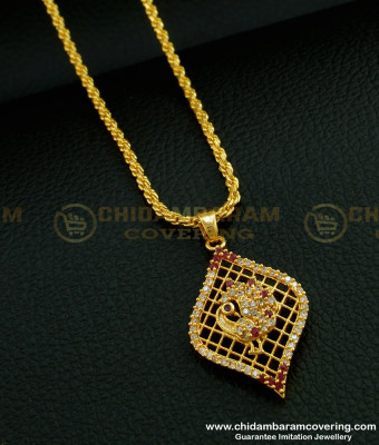 SCHN264 - Latest 1 Gram Gold White And Ruby Stone Peacock Design Locket Chain for Ladies