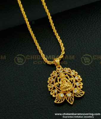 SCHN265 - New Model Ladies Pendant Chain Lakshmi Design White Stone Dollar Chain Online