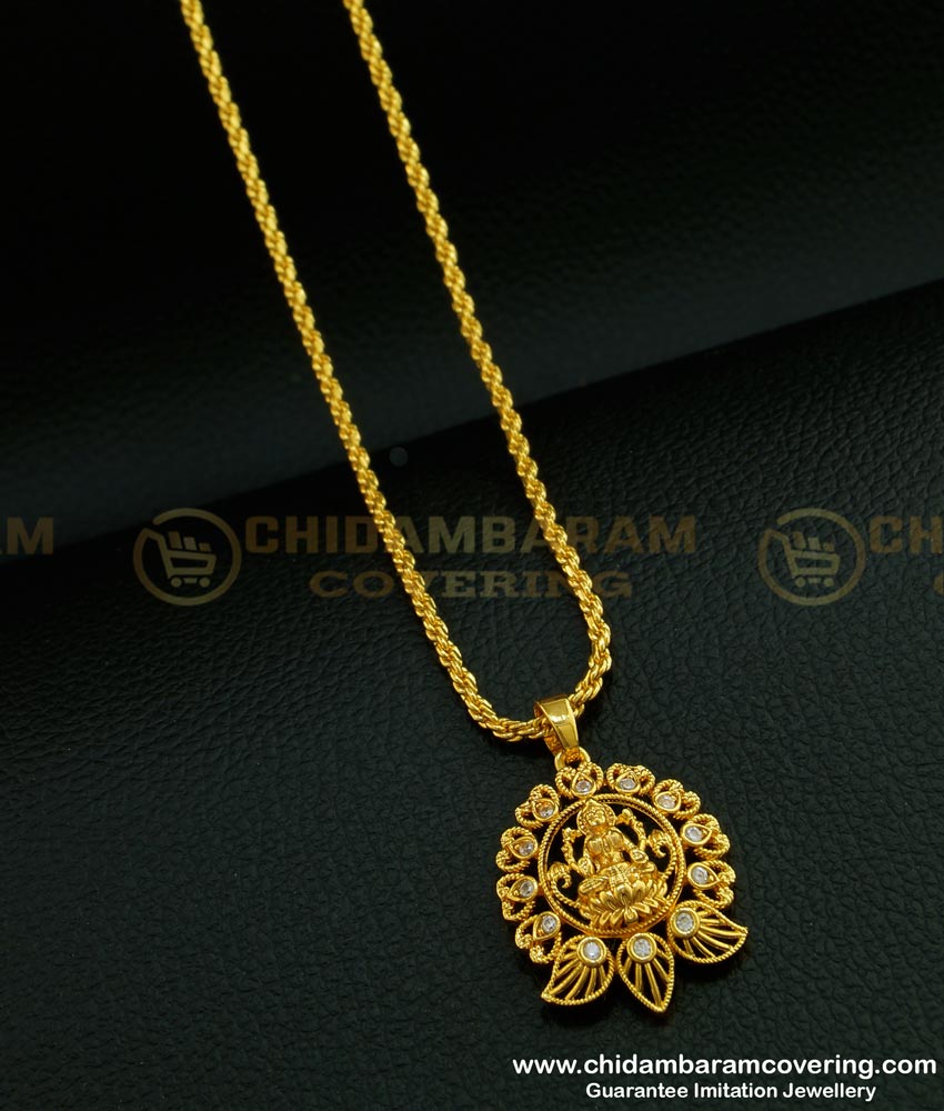SCHN265 - New Model Ladies Pendant Chain Lakshmi Design White Stone Dollar Chain Online