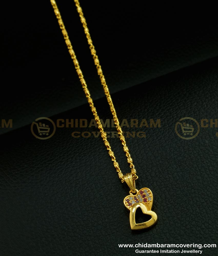 SCHN274 - One Gram Gold Double Heart Design Stone Female Pendant with Short Chain