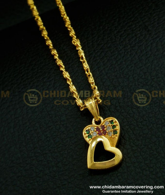 SCHN275 - One Gram Gold Multi Stone Heart Design Stone Pendant with Short Chain for Girls