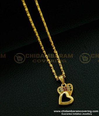 SCHN275 - One Gram Gold Multi Stone Heart Design Stone Pendant with Short Chain for Girls