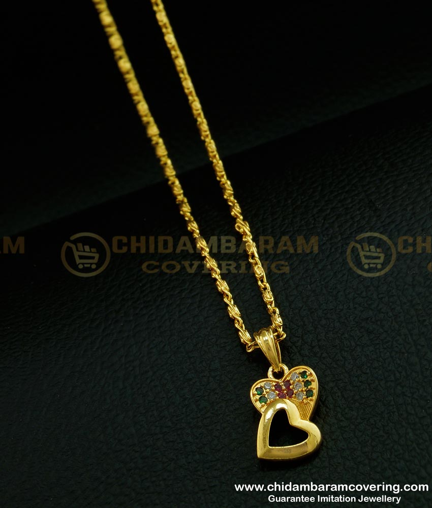 SCHN275 - One Gram Gold Multi Stone Heart Design Stone Pendant with Short Chain for Girls