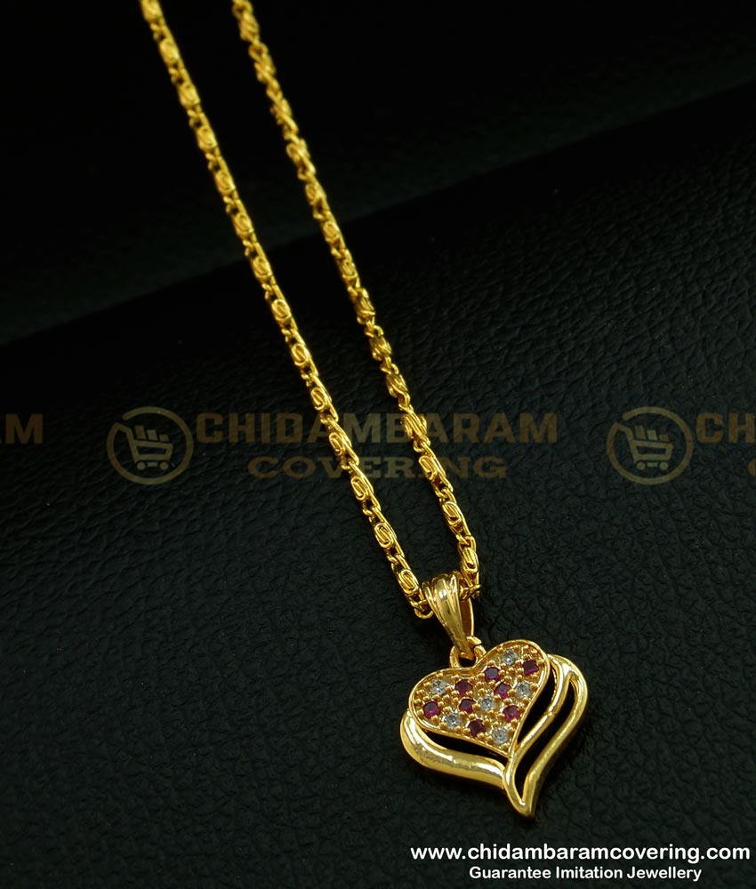 SCHN276 - Gold Plated White and Ruby Stone Heart Locket Chain Gold Design Online 
