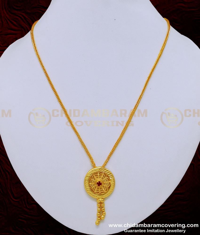 SCHN305 - New Model Female Gold Chain with Red Stone Locket Designs Online 