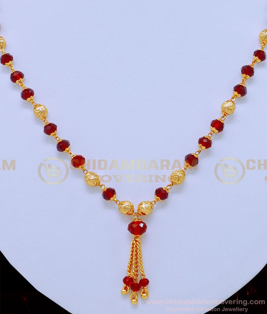 SCHN308 - 18 Inches Attractive Maroon Crystal Chain Gold Plated Jewellery Online