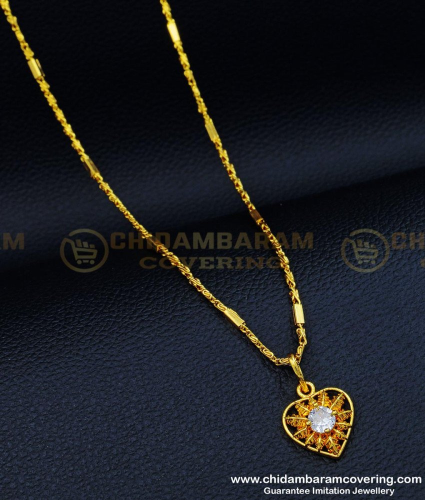 SCHN319 - Sparkling American Diamond Designer Heart Dollar Chain Daily Use Gold Plated Jewellery 