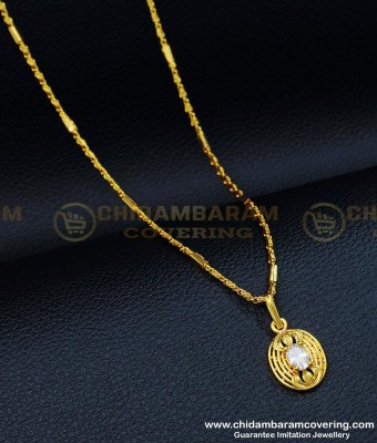 SCHN321 - Beautiful Gold Design Single White Stone Pendant with Chain Pure Gold Plated Jewellery