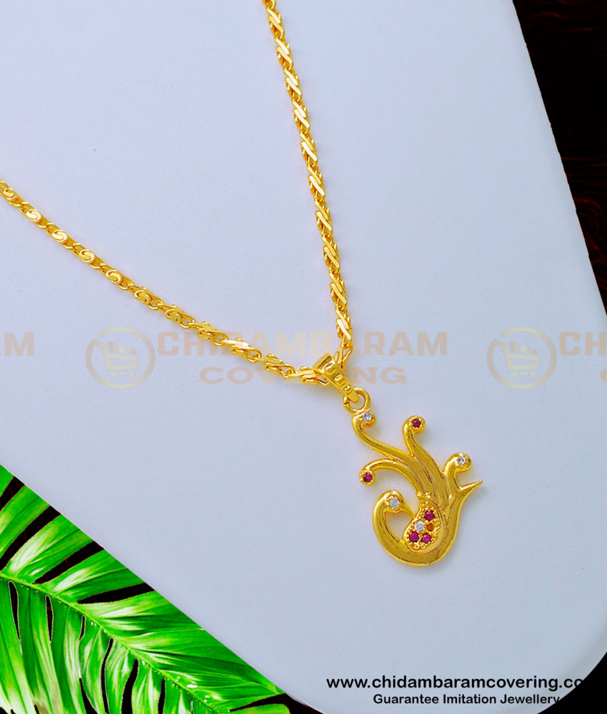 SCHN327 - Unique Peacock Pendant Ruby and White Stone Gold Plated Dollar Chain