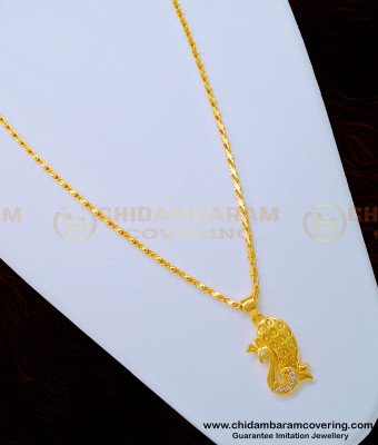 SCHN329 - Gold Pattern Daily Wear White Stone Peacock Pendant with Short Chain Online 