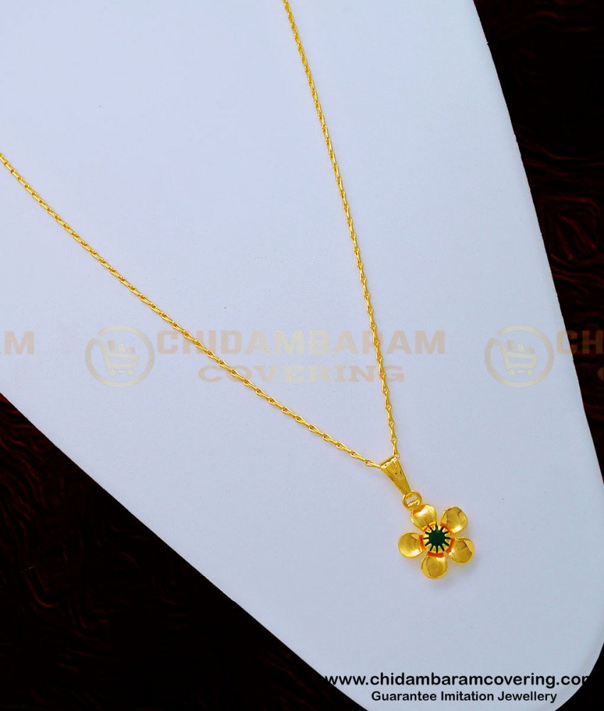SCHN331 - Latest Light Wight Gold Plated Emerald Green Stone Flower Dollar With Chain 