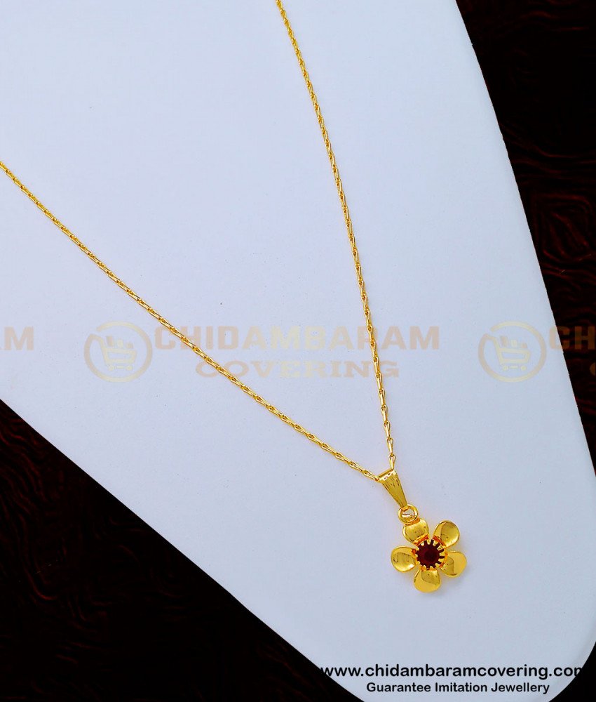 SCHN332 - 1 Gram Gold Light Wight Red Stone Flower Design Small Dollar Chain for Ladies 